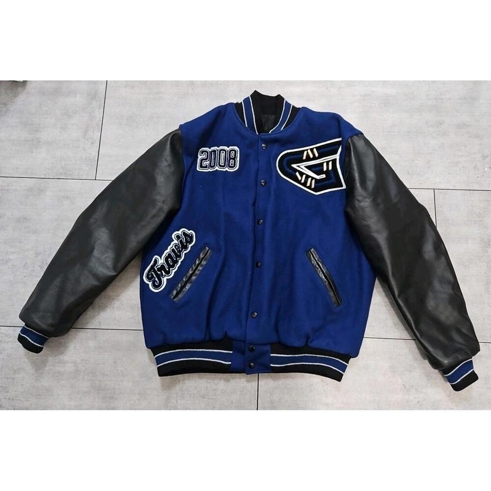 NEFF Varsity Letterman Jacket‎ Blue Wool Blend Leather Sleeve Size XL